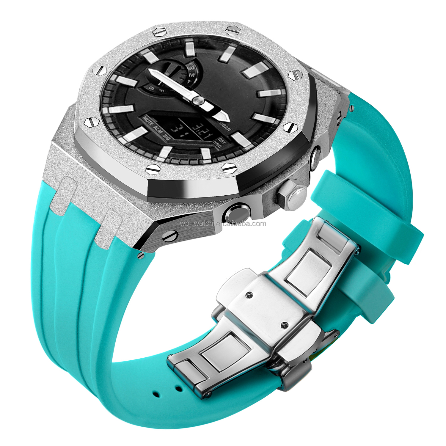 Boîtier argent givré + bracelet en silicone bleu Tiffany