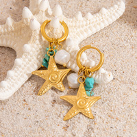 Boucles d'oreilles en acier inoxydable, style océan, pierres naturelles colorées, branche de corail et coquillage, clous d'oreilles plaqués or frais