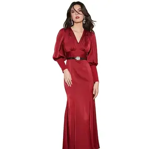 Puff Sleeve Satin Ladies Ruched V-Neck Party Dresses Pleated Elegant Bodycon Maxi Dress Women