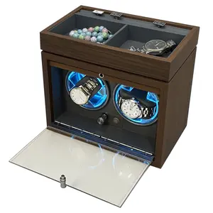 Enrollador de reloj automático de madera de nogal negro de pie 2 + 0 Cool Blue Light Almacenamiento de escritorio multifuncional Tope de cubierta abierta