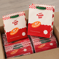 Sac en papier personnalisé coloré avec logo, motif graphique rouge et poignées vertes pour produits de vente au détail