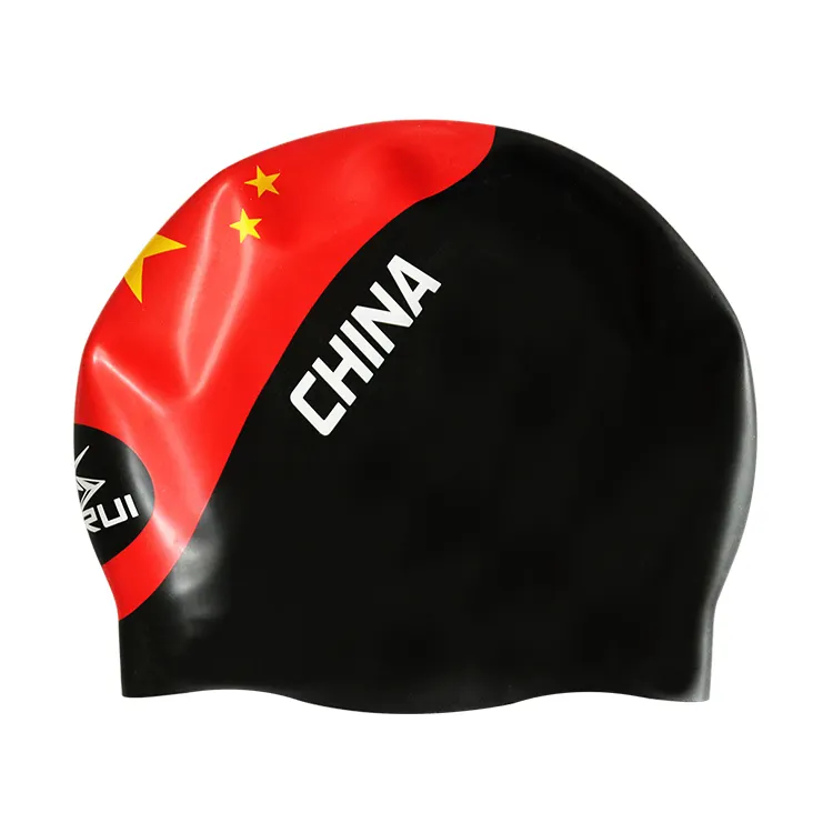 Трехмерные силиконовые бесшовные шапочки для плавания отличного качества с изображением китайского национального флага