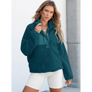 Women Fleece Pullover Sherpa Sweatshirt <b>Long</b> <b>Sleeve</b> Button Warm Soft Color Block Jacket Pockets Winter Coat Polyester Filled - Product Image 3