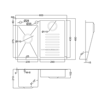 Évier à linge en acier inoxydable 600x480mm avec planche à laver, bac à linge extérieur avec planche à laver