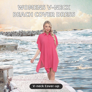 Robe de plage pour femme, col en V, mini-robe en polyester tissé, manches courtes, coupe ample, couleur unie, pour bikini - Product Image 2