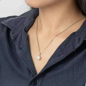 High Quality With 925 Silver Chain 18K Solid Gold 9-10mm White Freshwater Pearl Pendant Necklace