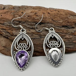 Orecchini Pendenti in Argento Tibetano con Gemma Viola Taglio a Goccia, Montatura a Castone, Orecchini Pendenti da Donna alla Moda, Gioielli per Feste - Product Image 4