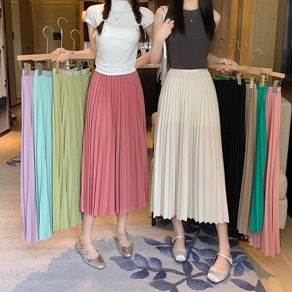 Korean Fashion Long Skirt High Waist Pleated Maxi Style