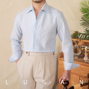 <span class=keywords><strong>Chemise</strong></span> décontractée d'été à manches longues pour hommes 100% <span class=keywords><strong>coton</strong></span> sergé respirant bulle <span class=keywords><strong>gaze</strong></span> légère luxe un col anti-boulochage caractéristique - Product Image 3