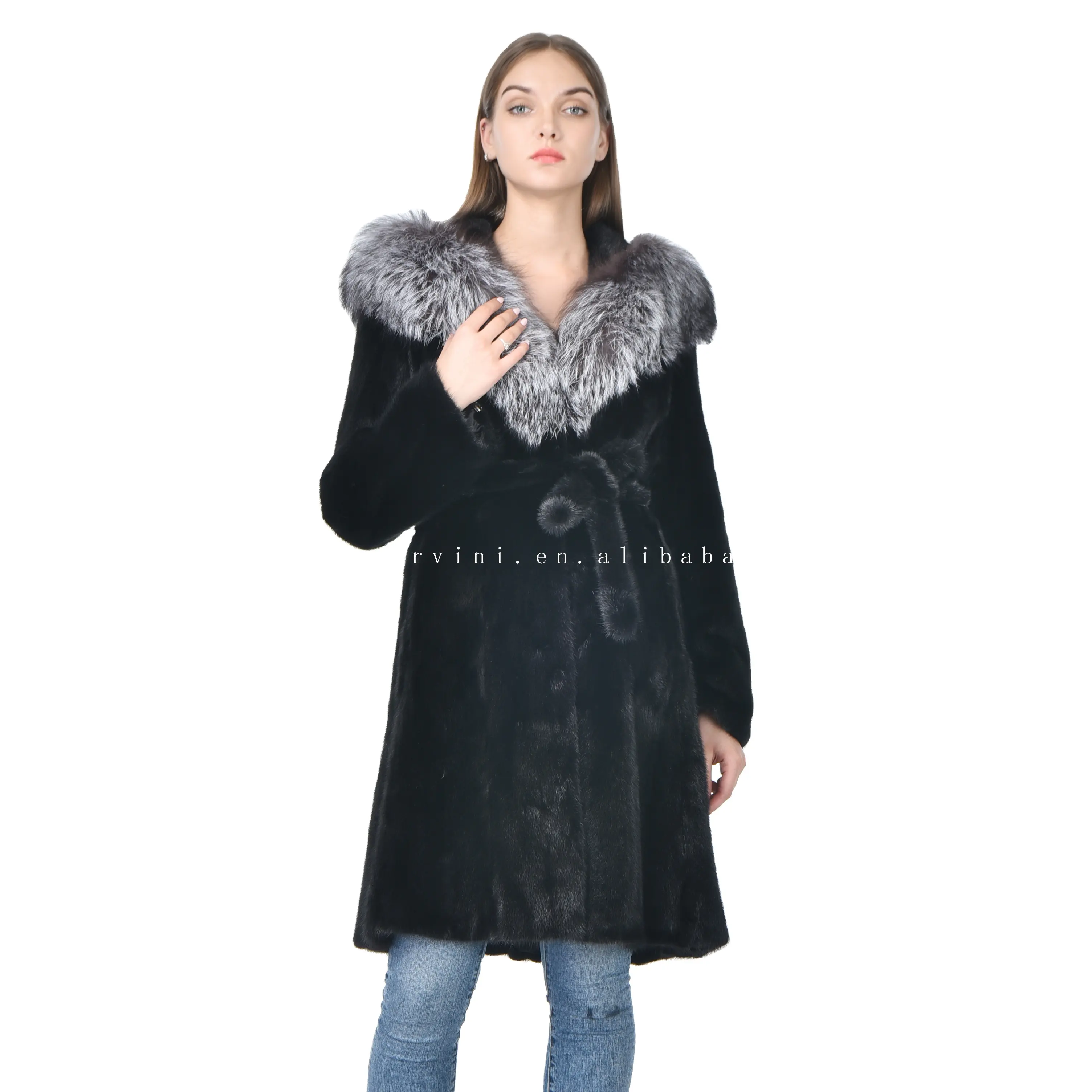 Hot sell new fashion noble elegant long hooded women fox fur mink coat