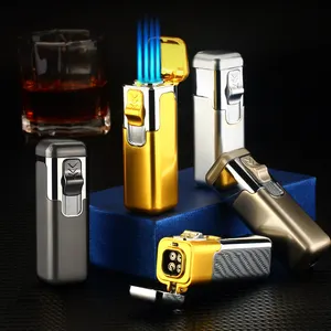 Powerful 4 Torch Blue Flame Inflatable Jet Lighter Metal Cigar Windproof Gas Lighter