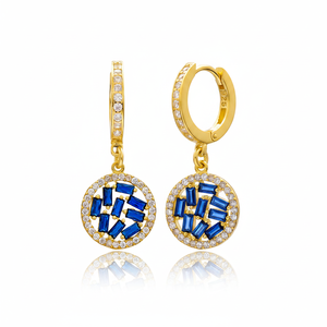 Sapphire Baguette Stone with Zircon Stone Round <b>Dangle</b> <b>Earrings</b> Turkish Handmade Wholesale Silver Jewelry 925 Silver <b>Earrings</b> - Product Image 2