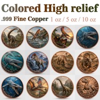 Pièce de monnaie en cuivre pur 999 de 1 oz, série Dinosaures, Tyrannosaurus Rex puissant, couleur en relief, édition UV préférée