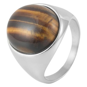 yunnique Men's <b>Titanium</b> Steel <b>Ring</b> With Tiger Eye Stone Bezel Setting Silver Color Geometric Design Fashion Jewelry Gift - Product Image 5