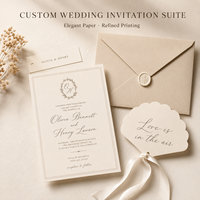 Invitation de mariage personnalisée intemporelle et neutre, motif délicat de couronne monogrammée avec enveloppe assortie et cartes d'accompagnement