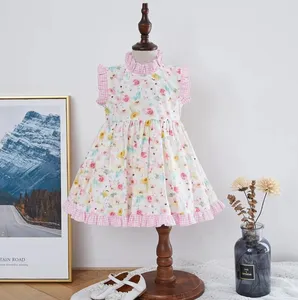 100 % Baumwolle Flutter Ärmel blumig Midi-Kleid für Mädchen Sommer lässig Knopfleiste Kleid Babykleidung