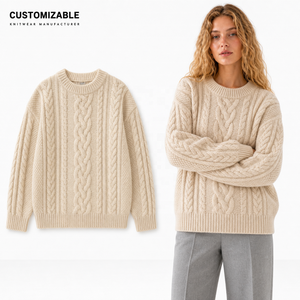 Groothandel op maat gemaakte ODM dames trui met ronde hals, kabelbreisel, lange mouwen, losse pasvorm voor herfst/winter - Product Image 1