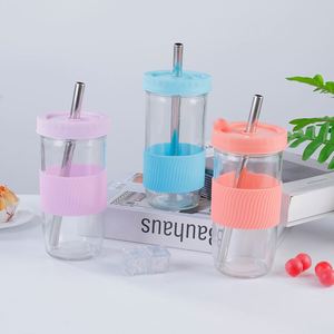 Gobelet en paille au design moderne avec manchon en silicone, style bocal Mason, gobelet perlé pour smoothies, jus, café - Logo personnalisable - Product Image 2