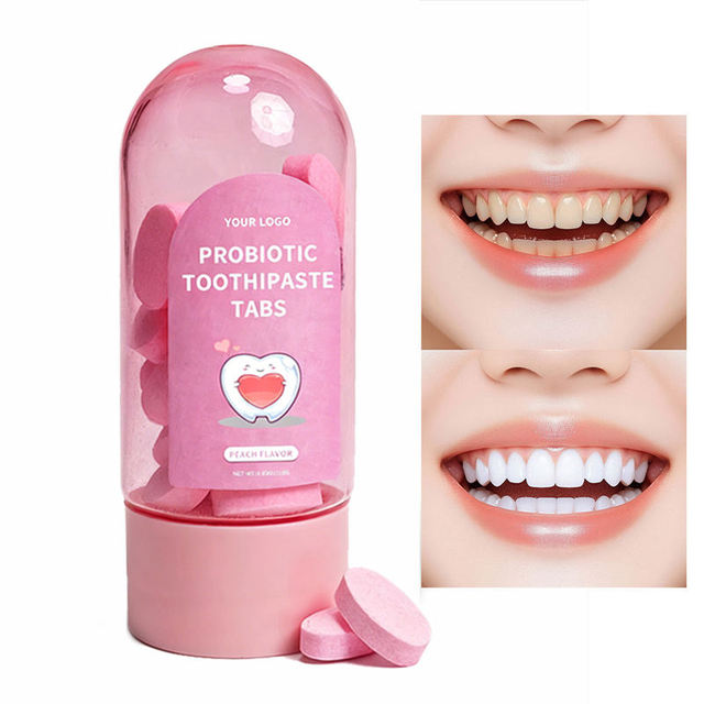 OEM Probiotic Toothpaste Tabs Whitening Peach Flavor Solid Toothpaste Tablets Eco-Friendly Travel Oral Care Custom Logo