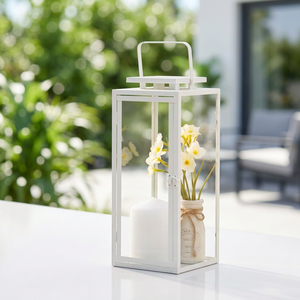 Portavelas Decorativo de Metal Blanco para el Hogar y el Patio, con Paneles de Vidrio Templado - Product Image 1