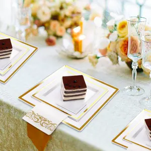 Дешевые белые пластиковые плоские тарелки для вечеринок с золотым ободом оптом свадебные квадратные тарелки для свадьбы
