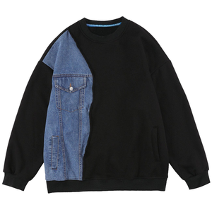 Sudadera Oversize de Cuello Redondo con Parches de Mezclilla Gris, Unisex, Casual, de Punto, Manga Larga para Otoño - Product Image 3