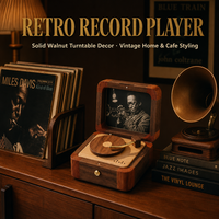 Boîte à musique tourne-disque style vintage en noyer massif, décoration d'étagère, ornement rétro pour lecteur de disques, idéal pour café, hôtel et décoration intérieure