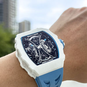 Montre mécanique squelette de luxe en forme de tonneau pour homme, automatique, style double tourbillon, avec bracelet en caoutchouc bleu - Product Image 4