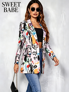 SWEET BABE Blazer con estampado de arte abstracto para mujer, manga larga, cuello de solapa, informal, ligero - Product Image 1
