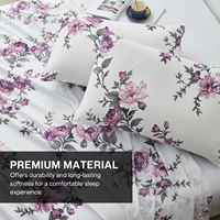 Parure de Lit de Luxe Imprimée Fleurs Violettes, Drap de Lit et Taies d'Oreiller, Ensemble Quatre Pièces
