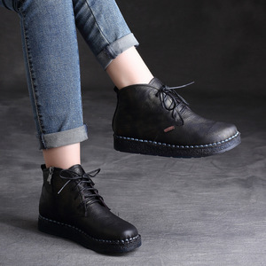 Bottines en cuir véritable faites à la main pour femmes, style ethnique rétro, semelle souple, plateforme, automne-hiver - Product Image 5