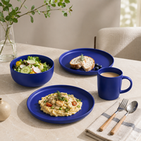 Service de table en céramique écologique bleu marine mat résistant aux rayures avec assiettes, bols et tasses, 16 pièces, passe au lave-vaisselle