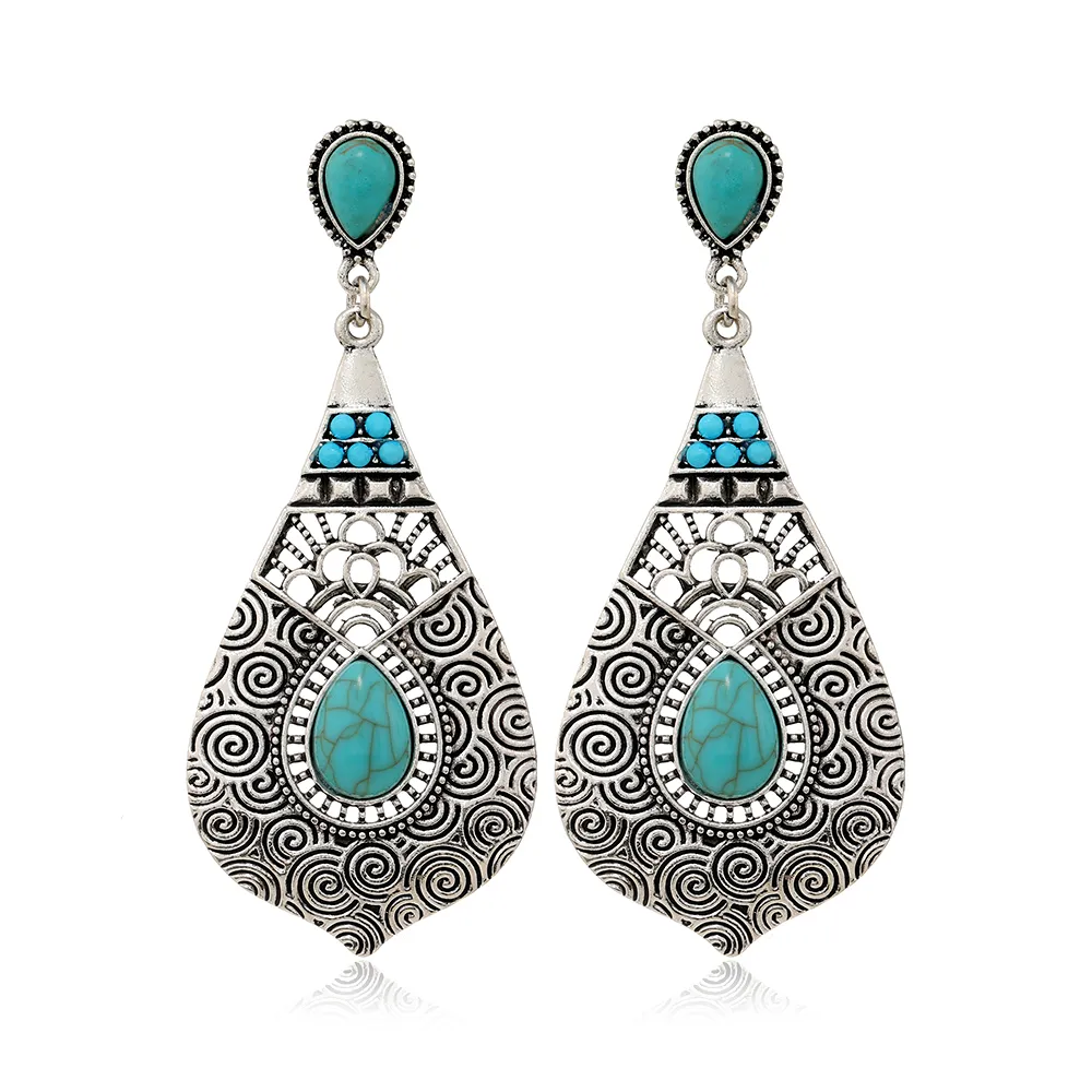 Vintage Ethnic Jewelry Drop Shaped Women Earrings Antique Silver Turquoise Zinc Alloy OEM ODM Teardrop Earrings 1 Pair/opp Bag
