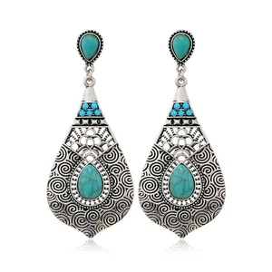 Vintage Ethnic Jewelry Drop Shaped Women Earrings Antique Silver Turquoise Zinc Alloy OEM ODM Teardrop Earrings 1 Pair/opp Bag