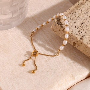Unique <strong>Drawstring</strong> Fresh Water Pearl Bead <strong>Bracelet</strong> 18K Gold Plated Stainless Steel Chain <strong>Bracelet</strong> - Product Image 4
