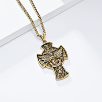 Liontin Kalung Pria Salib Santo Mikhael Pelindung, Perhiasan Religius Gotik, Bahan Baja Tahan Karat 316L Lapis PVD
