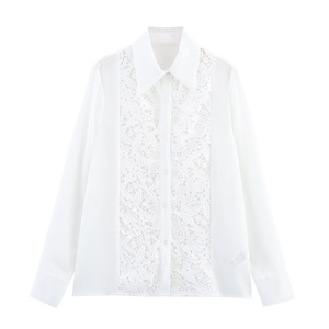 NOVEDAD <span class=keywords><strong>DE</strong></span> VERANO 2025, camisa <span class=keywords><strong>de</strong></span> viaje para mujer, Top transfronteriza <span class=keywords><strong>de</strong></span> fuente, costura <span class=keywords><strong>de</strong></span> encaje hueco Simple, patrón sólido tejido para uso <span class=keywords><strong>de</strong></span> oficina - Product Image 5
