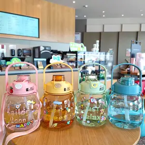 Bauchtasse Kinder doppelgetränk tragbare Schlüsselband-Band-Wasserflaschen neue DIY-Aufkleber Sommer 1100 ml Wasserflasche mit Strohhalm