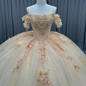 Abito da Quinceañera Classico in Raso Dorato con Motivi Floreali 3D, Taglie Forti, Lunghezza a Terra, Stile Principessa, Strascico, Vita Naturale, Applicazioni in Pizzo - Product Image 4