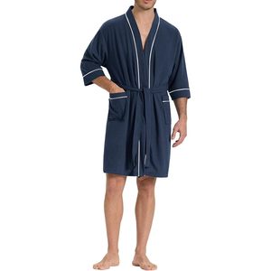 Bata de hombre de punto gofrado de manga corta, ligera, con bolsillos, estilo kimono de algodón, para spa y descanso. - Product Image 1