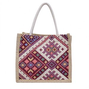 Bolsa de Almuerzo de Lona Estilo Étnico para Mujer, Bolso Tejido a Rayas, Bolsa de Mano Portátil Tipo Bento para Oficina, Picnic al Aire Libre - Product Image 1