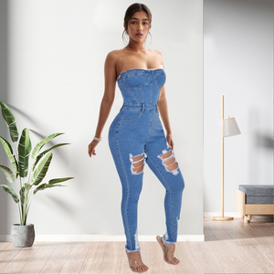Combinaison en jean sans manches évidée pour femme – Vente en gros - Product Image 2