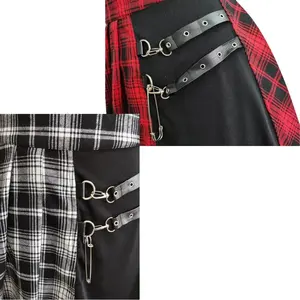 Women's Red Plaid Punk Rock Skirt Women High Waist Strap Zipper Stitching Summer Pleated Mini Skirt