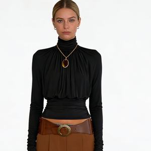 Top Corto de Manga Larga con Cuello Alto y Fruncido para Mujer, Elegante y Minimalista, a la Moda - Product Image 3