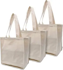 Canvas Grocery Bags - 3 Pack Organic Natural Cotton Shopping Totes, Reusable Cloth Fabric Produce Bags with Wine Bottle Sleeves