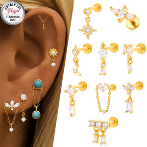 ต่างหูแฟชั่นแบบห้อยประดับเพชรไทเทเนียม ต่างหูแบบติดหลังแบน ชุบทอง ประดับ<span class=keywords><strong>เพชร</strong></span>ซิร์คอน เหมาะสำหรับเจาะหูแบบ Helix และ Labret ใช้ในงานแต่งงาน - Product Image 1