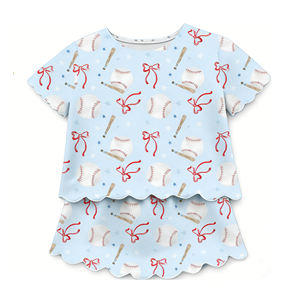 GSD3655 Conjuntos de Yoga Personalizados para Niñas Pequeñas, con Estampado de Lazos de Béisbol, Casuales, de Algodón y Elastano, de Manga Corta, al por Mayor - Product Image 2