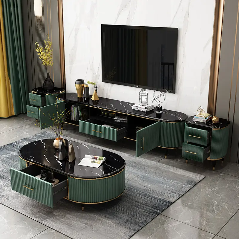 현대 간단한 디자인 tv 스탠드 거실 가구 스탠드 tv 세트 녹색 대리석 또는 바위 슬래브 tv 캐비닛 및 커피 테이블