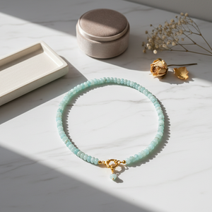 Collana Artigianale con Perle di Acquamarina e Chiusura a Scatto Placcata in Oro Vero, Gioielli Estivi da Spiaggia in Acciaio al Titanio - Product Image 6