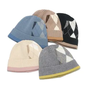 Winter Preppy College Student Style Knitting Hat Rhobus Pattern Elegant Autumn Vintage British Style Versatile Beanies Hat